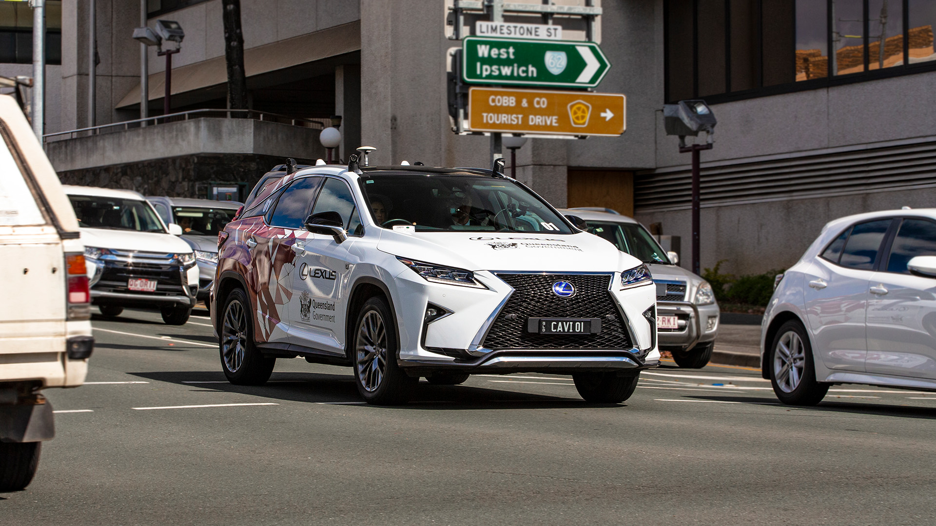 A Lexus RX 450h hybrid SUV fitted with special equipment that enableds vehicles to communicate with each other.