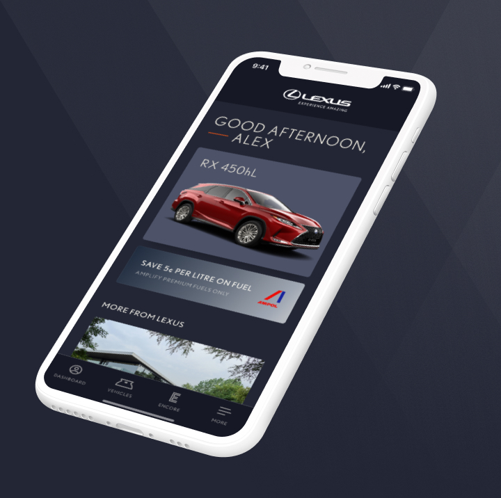 The Lexus App shown on a white smartphone.