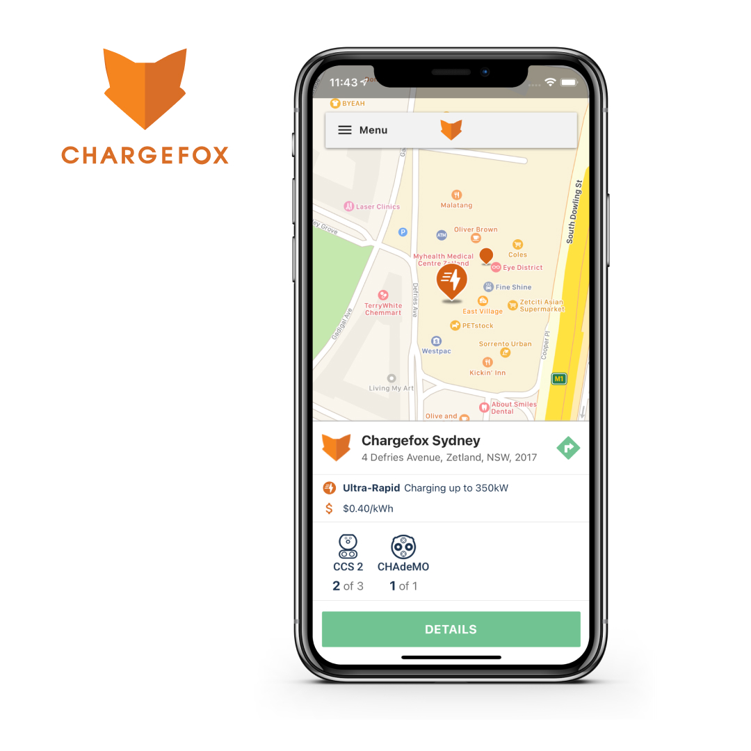 The Chargefox logo and visual of what the map within the app looks like.